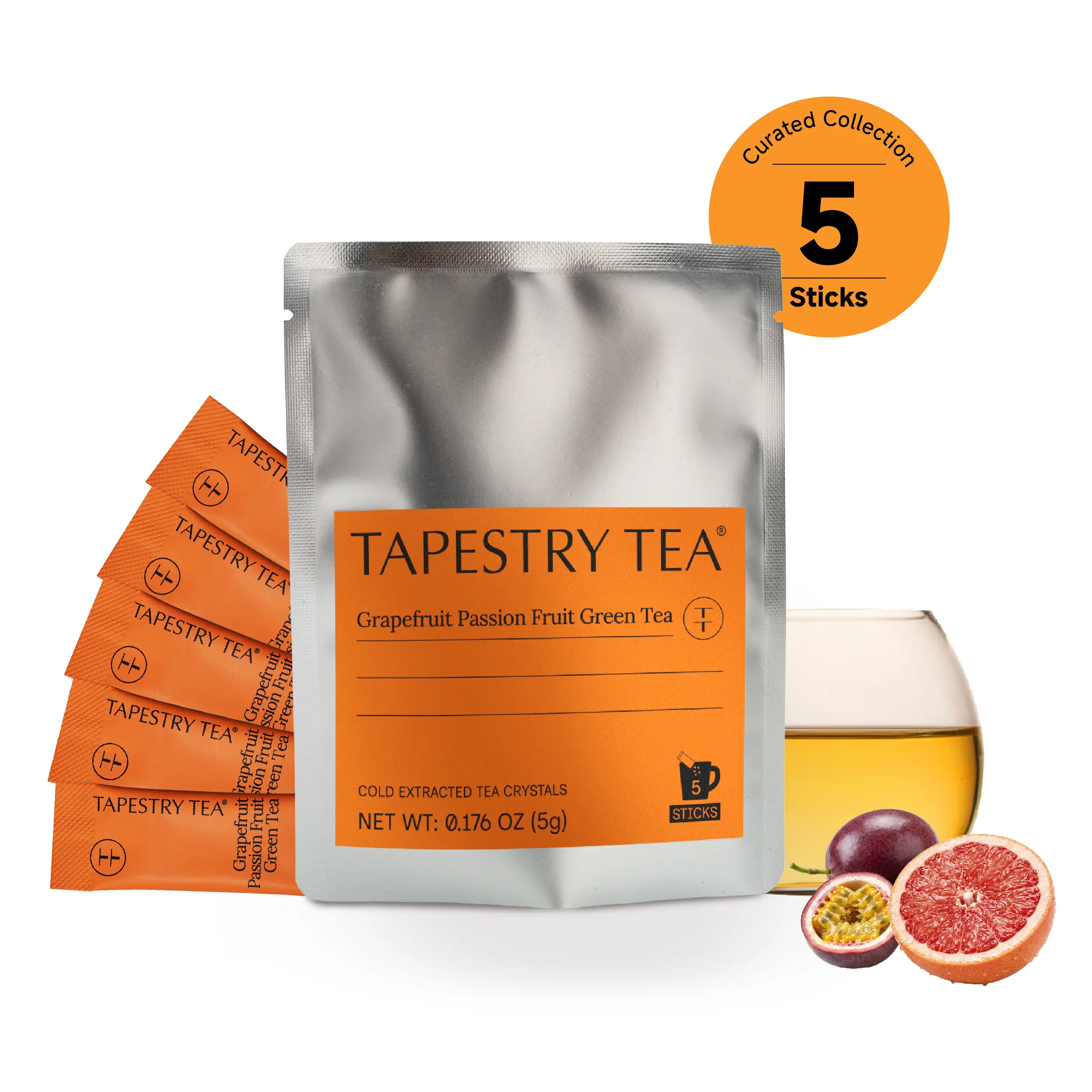 Tapestry Tea Premium Grapefruit Passion Fruit Green Tea Crystals Sampler Pack | 3 Second to Refreshing Vitality | Cold Extracted Instant Tea Powder | Hot & Cold Brew | 5 Sticks