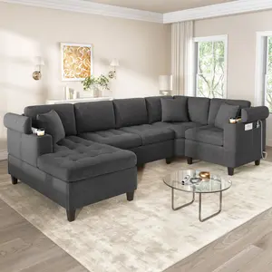115.7"Modern U-shaped Sectional Sofa Corner Sectional Living Room Couch Oversized Sectional with with Built-in Cup Holders, Storage Space and USB Ports for Living Room, Grey