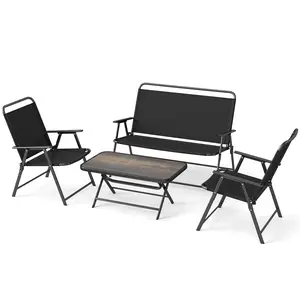 COSTWAY - 4 Pieces Patio Folding Furniture Set with SPC Coffee Table and Patio Chairs-Black