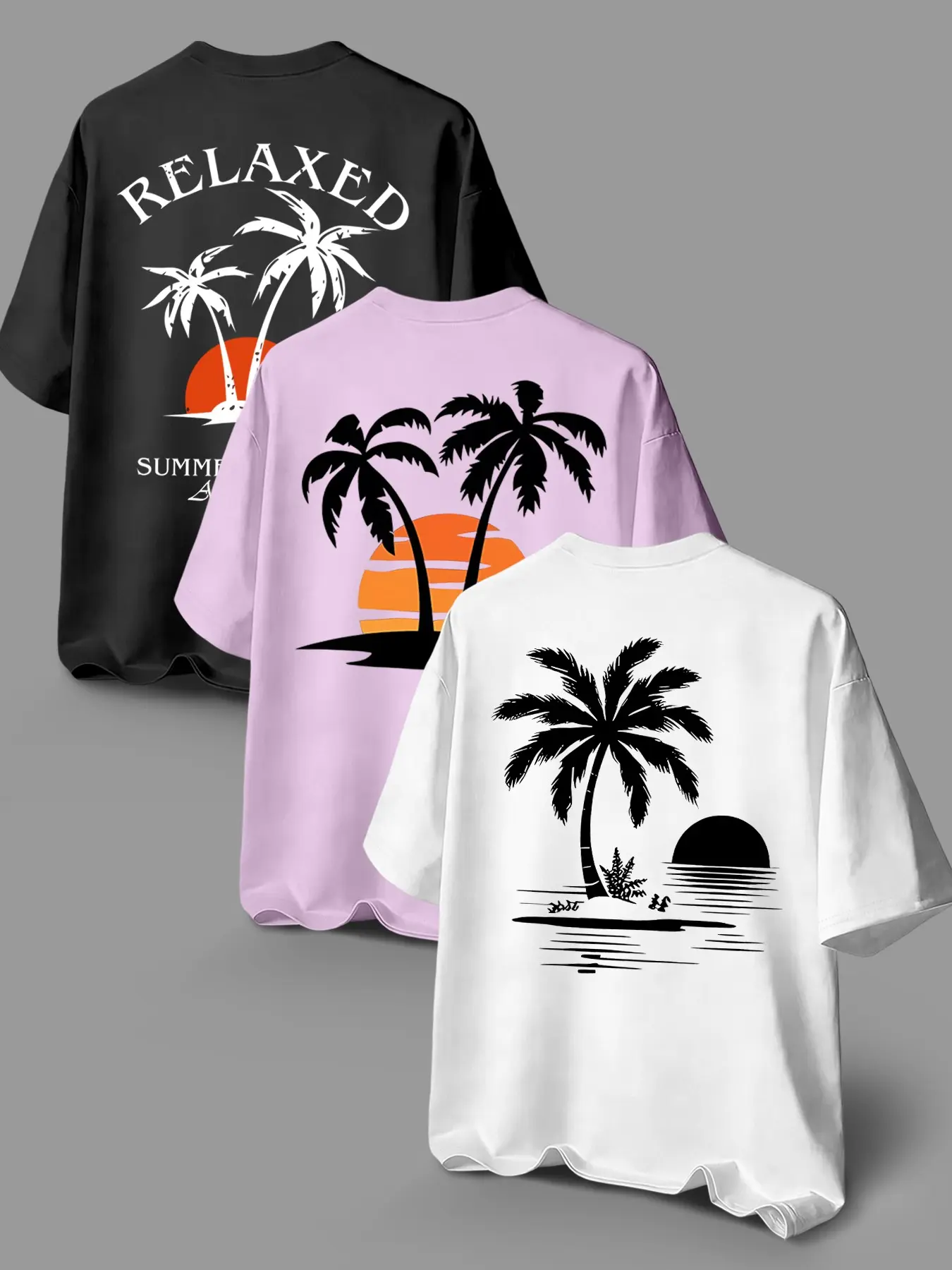 Men's Sunset Coconut Tree Tropical Graphic T-Shirt 3-Pack, Summer Round Neck Short Sleeve Casual Comfortable Top, Casual Summer Clothes, Ideal for Outdoor Wear