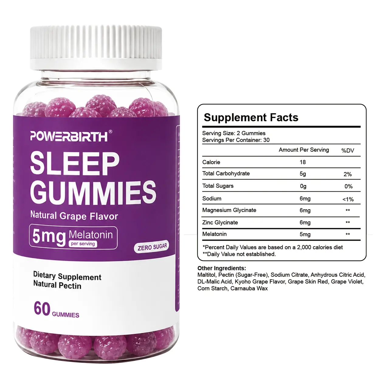 POWERBIRTH Melatonin Gummies - Sleep Aid Dietary Supplement with Magnesium, Zinc, Vitamin B6, Natural Grape Flavor - Improved Healthy Snack, Nutrient-Rich Wellness Snack, Chewable