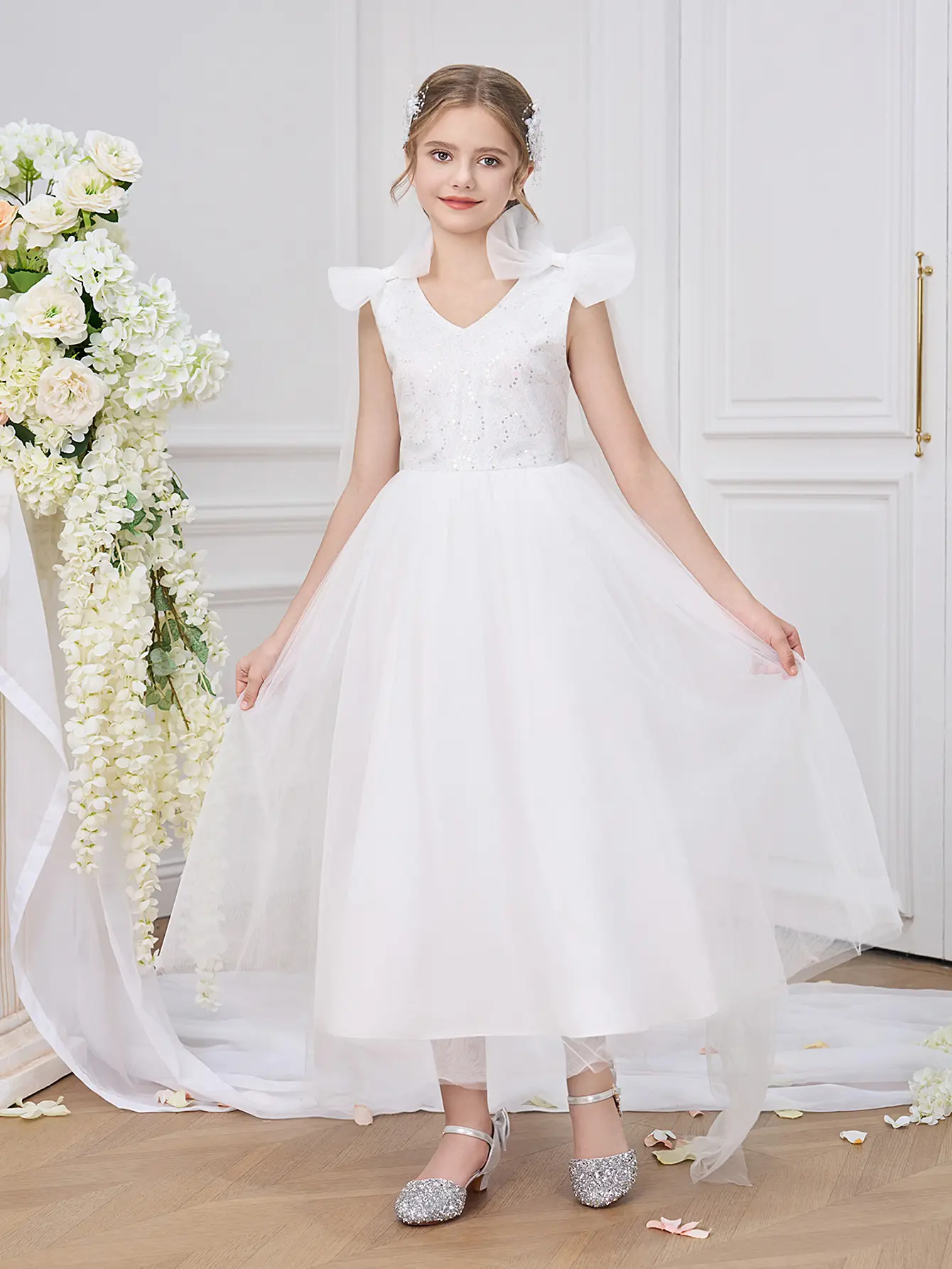 0059 Tween Girls Elegant Bow Pageant Wedding Party Princess Flower Girl Dress Prom Bridesmaid Birthday Christening Graduation Ceremony Dress