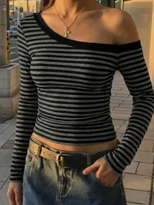 Women's Striped Asymmetrical Long Sleeve Top, Y2K Punk Rock Aesthetic Casual Fitted Statement Tee, Sexy Shoulderless Design, Dark Streetwear