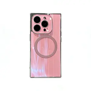 Luxury Square Edge Magnetic Phone Case with Lens Protector , Pink Electroplated Vertical Stripe Full Camera Protection Shockproof Cover for iPhone 17 Pro max, 16plus, 15, 14, 13, 12, 11 junk