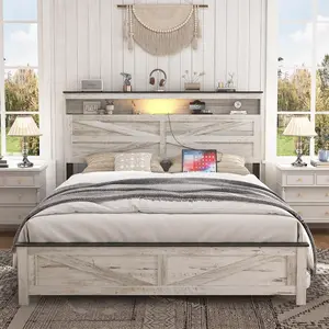 ARCH Queen Bed Frame Farmhouse, Queen Size Bed Frame with Storage Headboard & LED Lights, Charging Station Boho Platform Bed, Queen Bed Frame Metal Slats No Box Spring Needed Bedroom Set