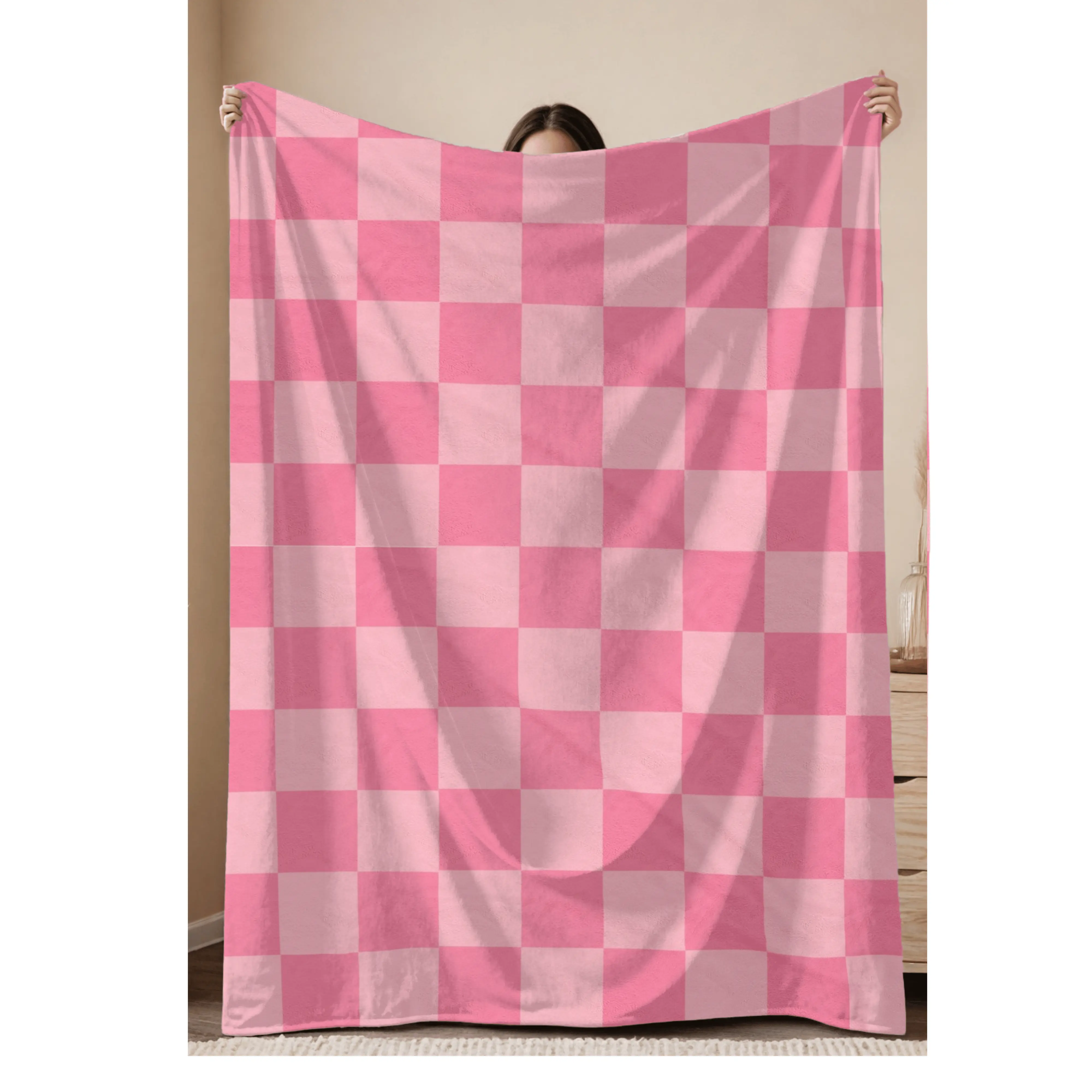 Candy Land Pink and Pinker Chic Checkerboard Chess Plaid Pattern Plush Blanket All Season, 1 Count, Soft, Warm, Comfy, Cozy, Decorative Throw Blanket for Home Office Sofa Couch Birthday Napping Travel Car bedroom,  Perfect for Gifting faux fur Silky washa
