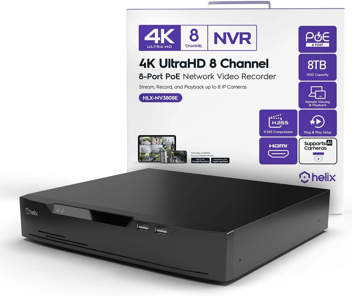 Helix 4K 8CH AI NVR (8-Port PoE), HLX-NV3808E Smart NVR, Human Detection & Vehicle Detection - Supports 8 x 4K IP Cameras, Supports 1 x 8TB HDD (Not Included)