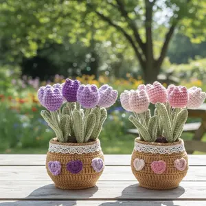 Handmade Crochet Tulip Pot Cute Valentine’s Day Gift for Girlfriend, Mom, Teacher Knitted Eternal Flower Bouquet, Emotional Support Potted Flowers Figurine Pink & Purple Healing Desk Decor for Her, Coworkers Brithday Anniversary Gifts for Women