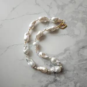 N504 White big baroque pearl necklace with silver connector