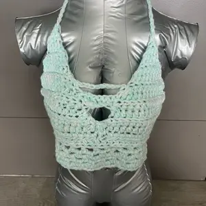 Aqua & White Crochet Halter Top - Handmade Soft Acrylic Yarn with Gentle Stretch for Summer Concerts Coastal Nights Yoga Festival Beach Days