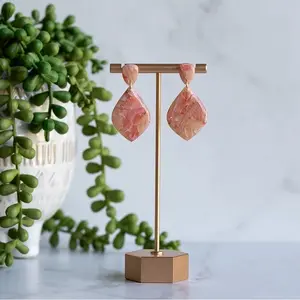 Blush Dangles - Elegant Pink Teardrop Earrings with Gold Tone Stand for Stylish Display, Perfect for Makeup & Cosmetic Accessories