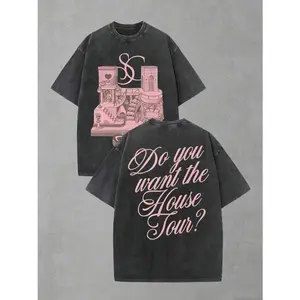Do You Want The House Tour Vintage Washed Oversized T-Shirt Double-Sided Pink Graphic Tee Casual Streetwear For Men Women