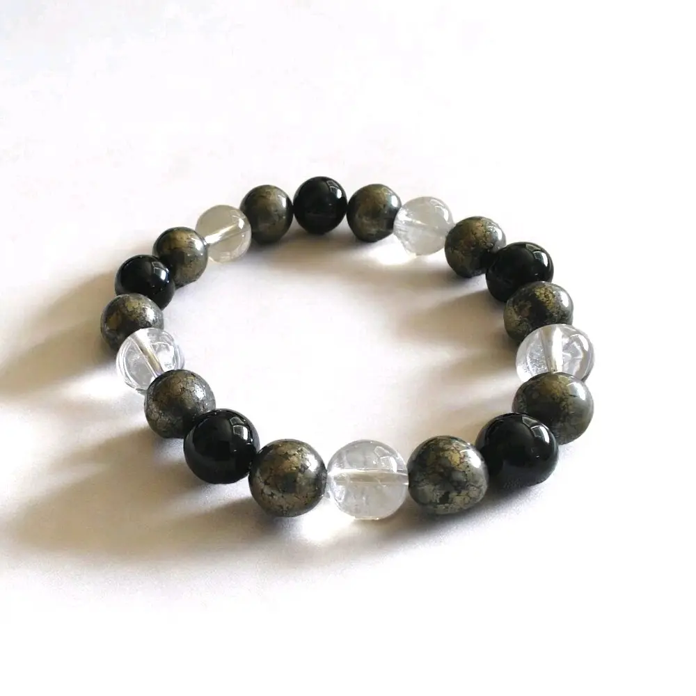 Clear Quartz, Pyrite and Onyx Beads for Spiritual Well-being from Celik Crystals Gemstone Bracelet