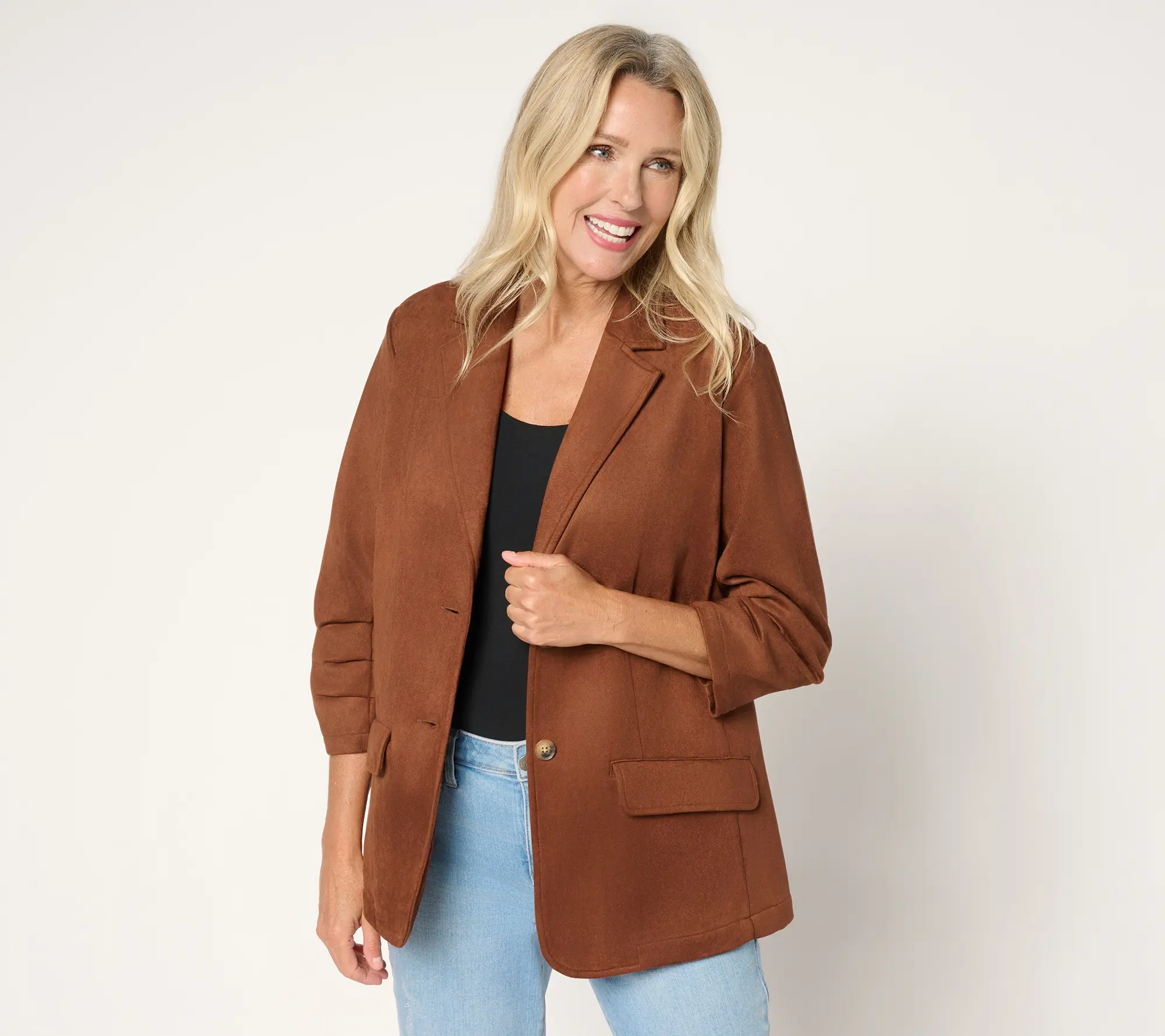Ree by Pioneer Woman Petite Suede Scrunched Sleeve Blazer Ree by Pioneer Woman Petite Suede Scrunched Sleeve Blazer