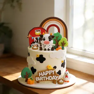 Cute Farm Animal Cake Decorations, Soft Gel Cow Rainbow Inserts, Baby First Birthday Dessert Table Decoration