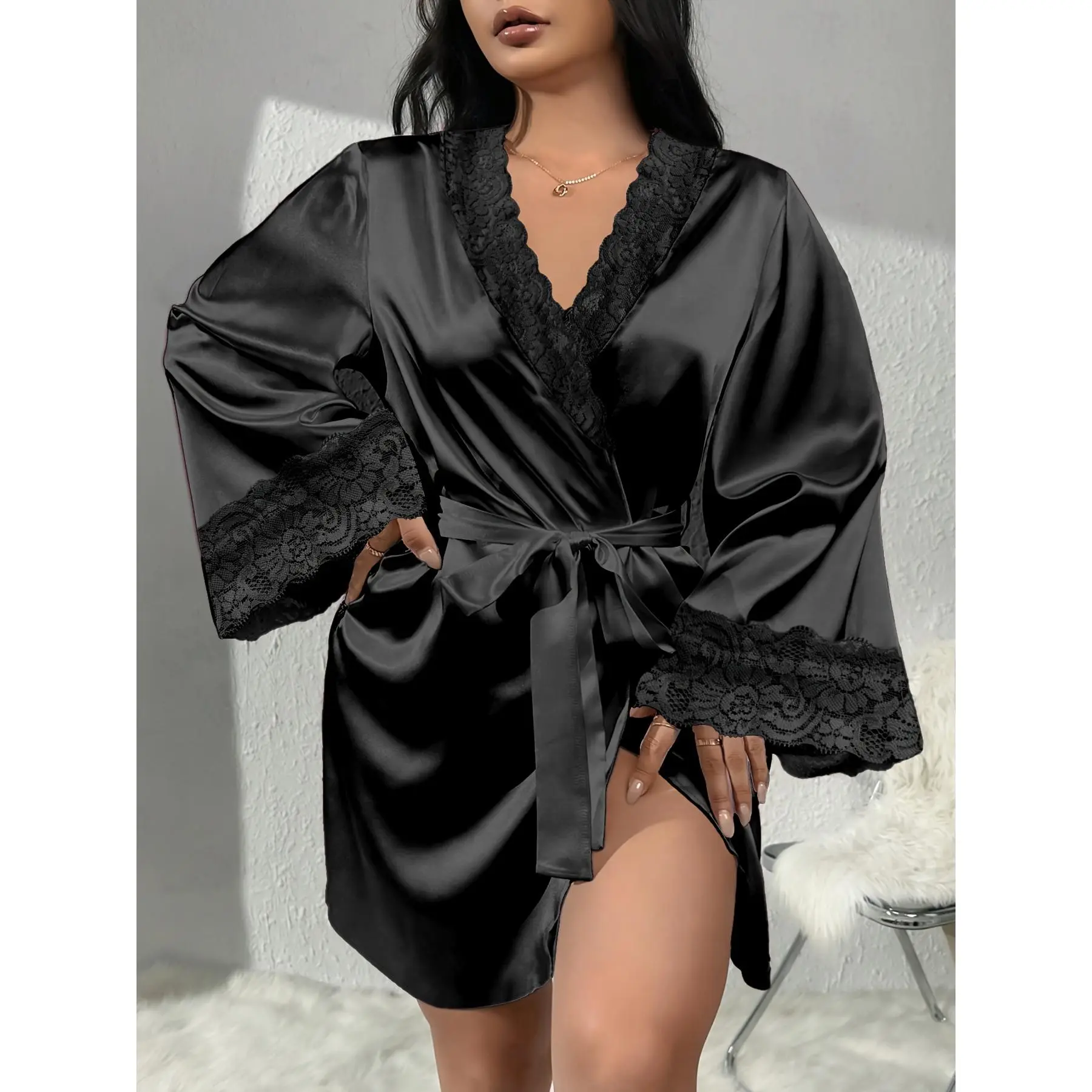 Dressing Gown for Women Plus Size, Sexy V-Neck Satin Loungewear with Longsleeves and Contrast Lace, All-Season Loose-Fit Robe up to 5XL, Lacy, Nightwear, 4Xl