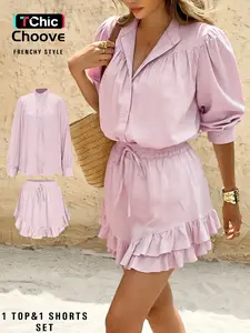 Two-Piece Set Women's Solid Color Loose Long Sleeves Ruffled Shirt & Skort Set, Elegant Fashion Casual Outfits for Daily Outdoor Wear, Women's Clothes for Summer, Top, Short