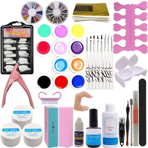 24 in 1 Combo Set Professional Color U V Builder Gel DIY Nail Art Decorations Kit Brush Buffer Cuticle Revitalizer Oil Pen Tools White Nail Tips Rhinestones Cutter Sanding Files Forms U V Gel Set