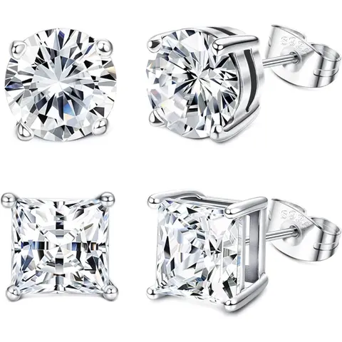 Milacolato Hypoallergenic CZ Earrings - 2-Pair Unisex 6.0mm Geometric Block Stud Stack, Round & Square, Scratch-Resistant Brilliant Cut Artificial Diamond Jewelry, Natural Rainbow Quartz Inlaid, Casual Gift for Sensitive Ears Adults