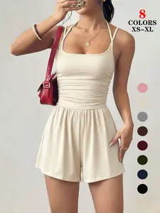 Women's Elegant Backless One-Piece Romper, Spaghetti Strap Smocked Bodice, Slim Fit Casual Jumpsuit for Cocktail Party, Bridesmaid, Night Out