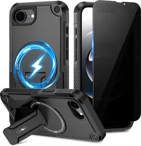 Magnetic for iPhone 17E/16E Case, with Privacy Tempered Glass Screen Protector , Compatible with MagSafe, Invisible Kickstand, Shockproof Phone Cover, Black