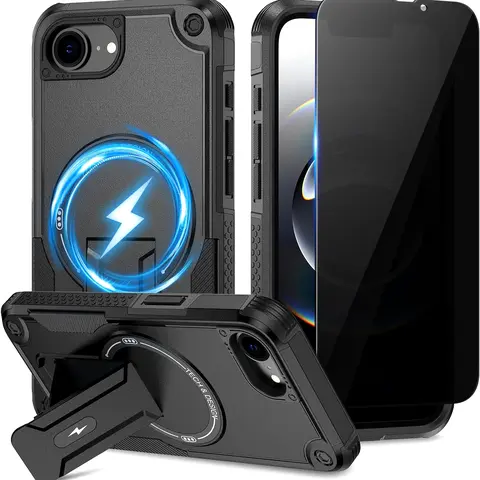 Magnetic for iPhone 17E/16E Case, with Privacy Tempered Glass Screen Protector , Compatible with MagSafe, Invisible Kickstand, Shockproof Phone Cover, Black