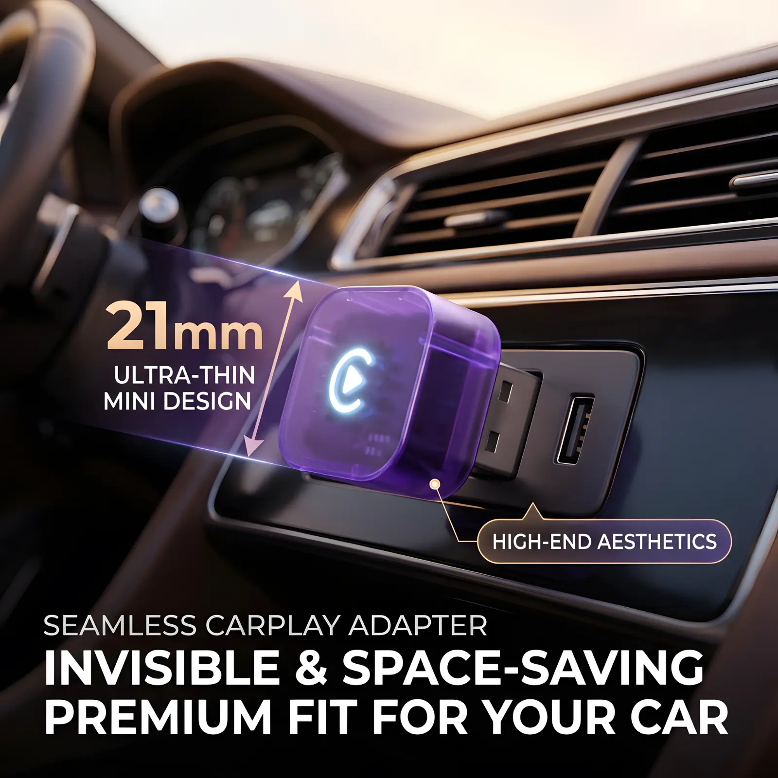 Phoebus Link Magic Mini Wireless CarPlay & Android Auto Adapter - 21mm Transparent Purple Design, 5.8GHz Fast Pair Dongle for Clutter-Free Dashboard
