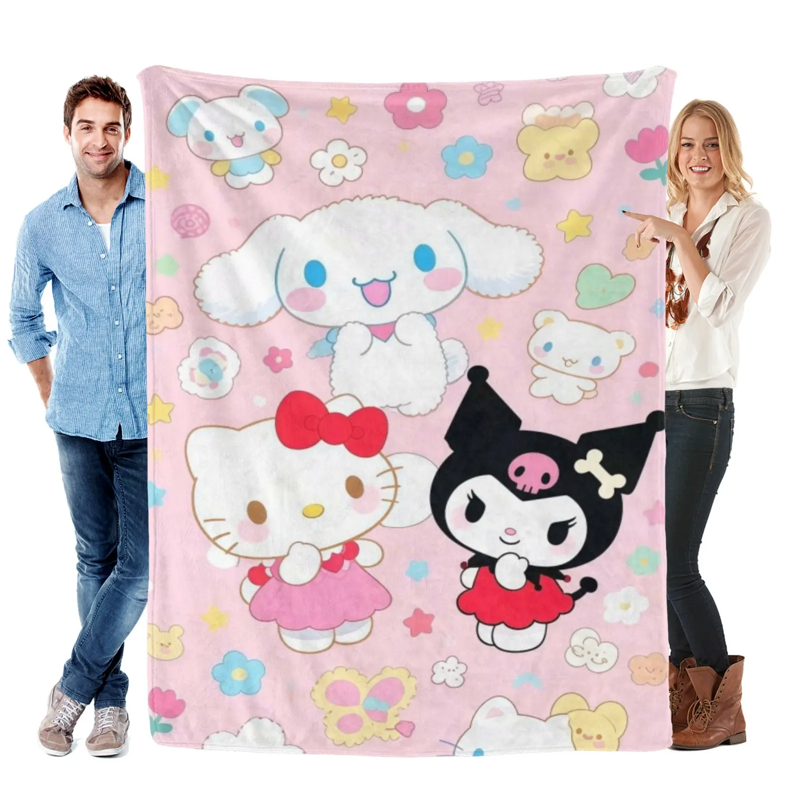 [Summervibes] Sanrio Hello Kitty Kuromi Cinnamoroll Group Blanket | Plush Flannel, Pastel Sanrio Bedding For Girls Room Decoration