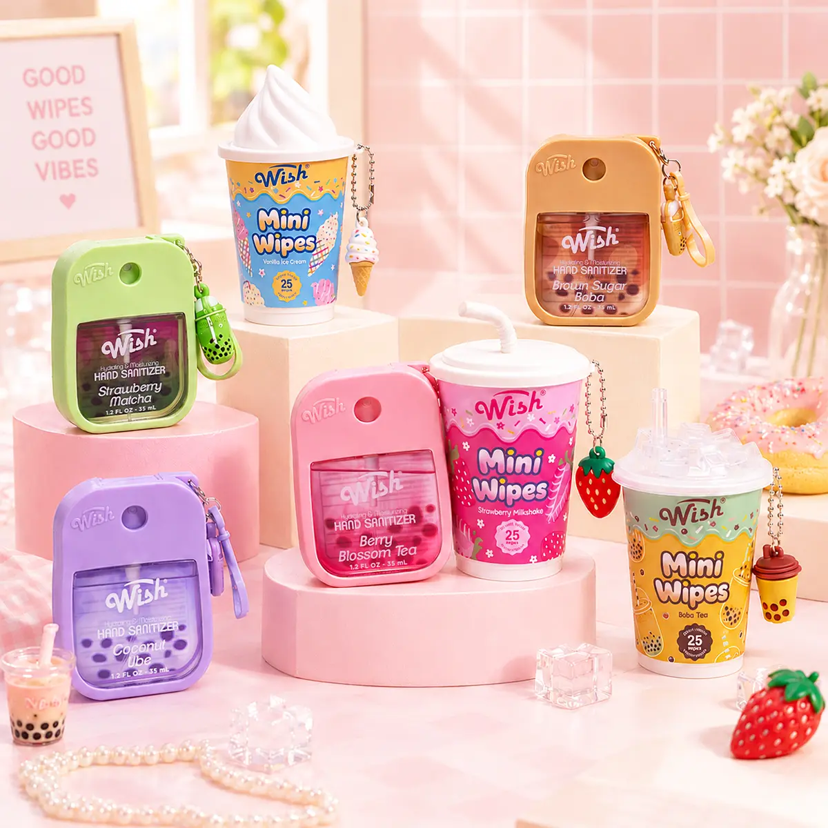 【SWEET TREAT CLEAN KIT】Boba Hand Sanitizer + Dessert Mini Wipes | 7-Piece Scented Clean On-the-Go Set with Cute Clip-On Charms