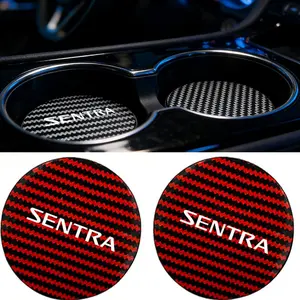 2 Pcs Car Coaster Water Cup Holder, Anti-Slip PU Leather & Carbon Fiber Striped Design, Car Interior, Fits Nissan Sentra, Durable Protection, Car Accessories