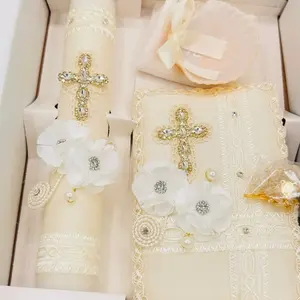 8” White 5pcs Traditional Baptism Candle Set with Rosary, New Testament, Decorative Elements & Bilingual (English-Spanish) Guide – Festive Home Decoration for Kids (Boys & Girls) in Gift Box
