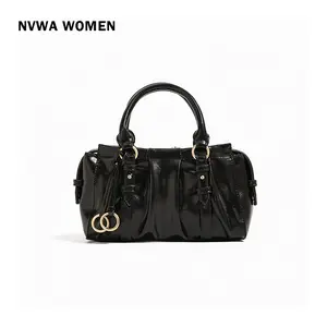 The Edgy Ruched Satchel - Y2K Glossy Black Bowling Bag Pleated Vegan Leather with Ring Charm for Night Out Party