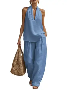 AgeRose Elegant Linen Two Piece Outfit, Halter Sleeveless Top Wide Leg Trousers, Ideal for Summer Holiday Beach Party Daily#LinenSet #TwoPiece #HalterTop #WideLegPants #SummerFashion #VacationOutfit #BohoStyle #WomensWear