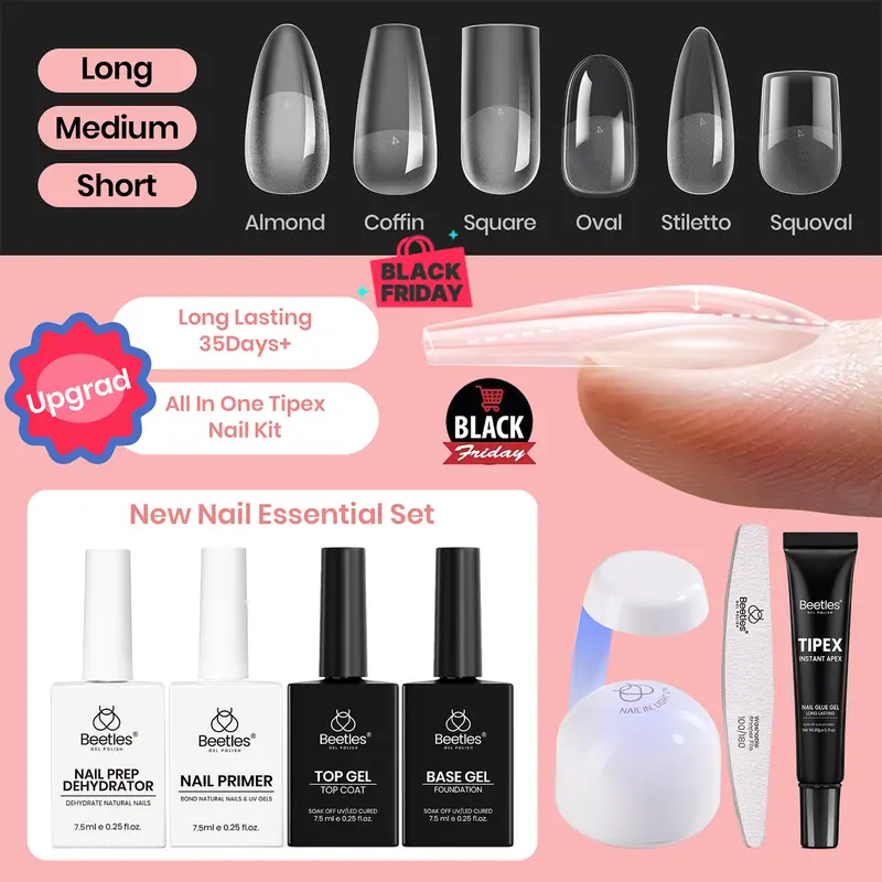 Beetles Tipex Nail Extension Tips Kit, with Nail Prep Kit, Base Gel, Top Gel, Almond/Coffin/Square/Oval/Stiletto/Squaoval Thick Acrylic Nail Flat Nails Manicure Gel Art DIY Nails Art Fall Nail Halloween Nail Black Friday Winter Nail Christmas Gift