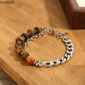 2026 New Stainless Steel NK Chain Tiger Eye Bracelet for Men, Natural Stone Beaded Bangle, Bold Western Jewelry for Him