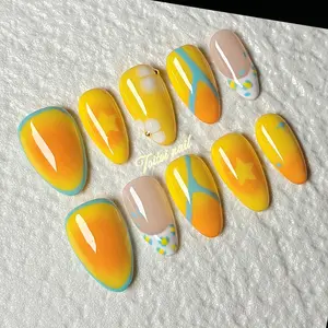 Sunset Star Handmade Press-On Nails | Short Oval Shape, 10pcs Handmade | Y2K Dopamine Style | Orange-Yellow Ombre & Blue-Green Lines/Star Accents | High Gloss Finish | Reusable DIY Nail Kit for Summer | Trendy Fun Look