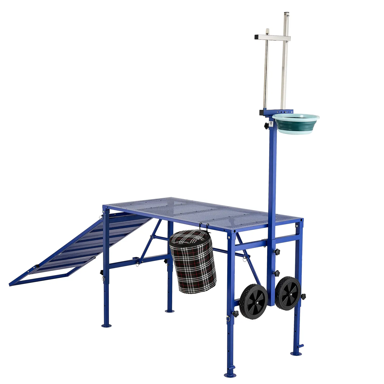 Goat Milking Stand, 600 lbs Heavy Duty Foldable Goat Stand with Ramp, Feed Bin & Wheels, Adjustable Headpiece & Basket, Stanchion for Grooming & Hoof Trimming, Metal Livestock Platform for Sheep