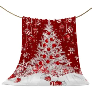 Red Christmas Throw Blankets, White Xmas Tree Snowflakes Red Balls Soft Fleece Blanket Decorative for Home Sofa Couch Chair Living Bedroom