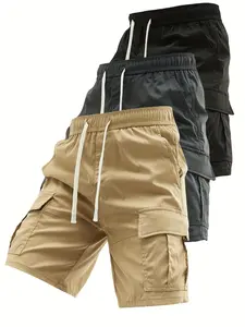 Men’s solid-color loose cargo shorts with an elastic waistband and side pockets, suitable for summer outdoor leisure and work wear