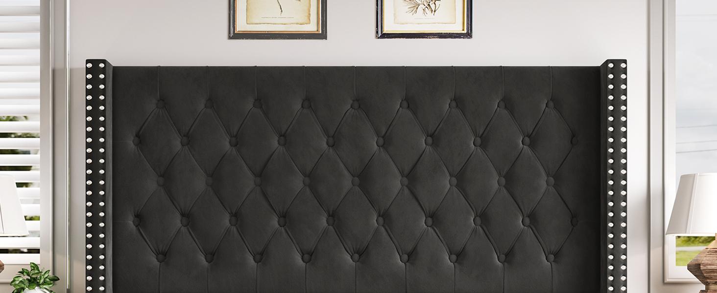 AMERLIFE 61.4" Tall Bed Frame, Modern Upholstered Bed, Wingback Headboard, Velvet Tufted Handcrafted Pleat Deep Button/Comfort Luxury Design/Interior Wood Slats/No Box Spring Needed, Queen/King Size/Best Gift Ideas/Christmas Gifts