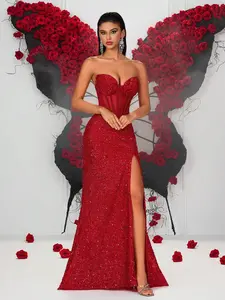 CF Sequin strapless mermaid gown with a slit, exuding a bold and luxurious style, figure-flattering and commanding presence, suitable for evening parties, red carpet events, themed parties, and other occasions.