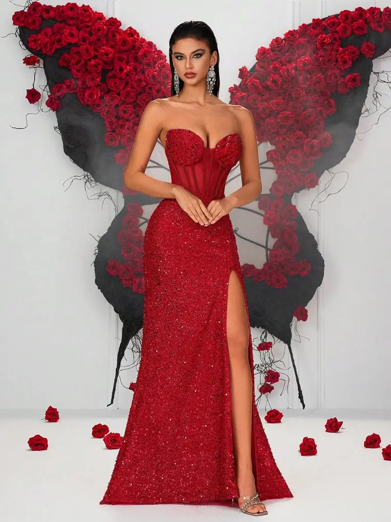 CF Elegant ladies' sequin strapless mermaid long dress with a slit, bright and sexy style figure-flattering and commanding presence suitable for evening parties, red carpet events, important celebrations, and other occasions. prom CF Elegant ladies' sequin strapless mermaid long dress with a slit, bright and sexy style figure-flattering and commanding presence suitable for evening parties, red carpet events, important celebrations, and other occasions. prom