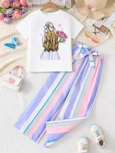 Girl's Tee & Striped Print Belted Pants Set, Casual Round Neck Short Sleeve T-shirt & Trousers for Children Daily Wear, Kids Clothing for Summer, Girl Clothes, Baby Girl Clothes