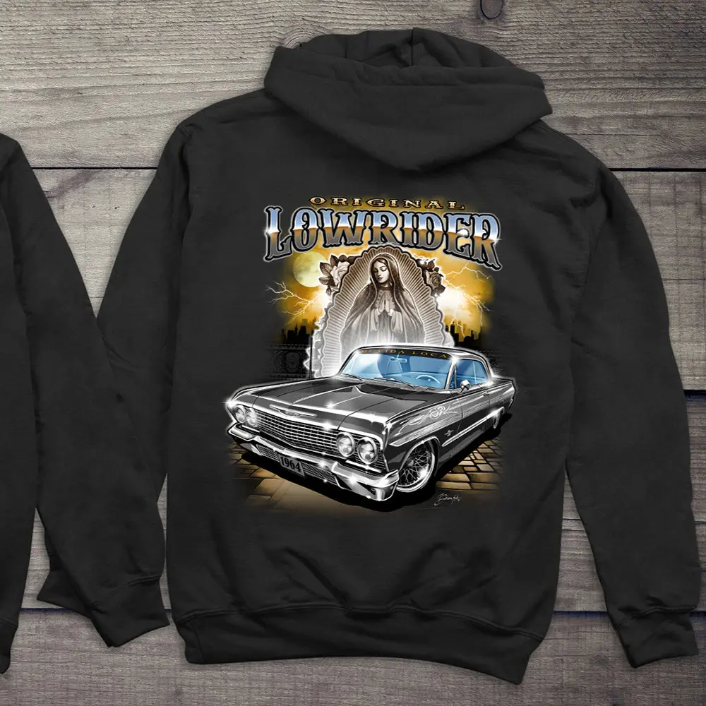 Original Lowrider 1964 Impala Hoodie, Virgin Mary Guadalupe Graphic Pullover, Chicano Car Culture Streetwear, Classic Old School Auto Enthusiast Gift, Unisex Hooded Sweatshirt