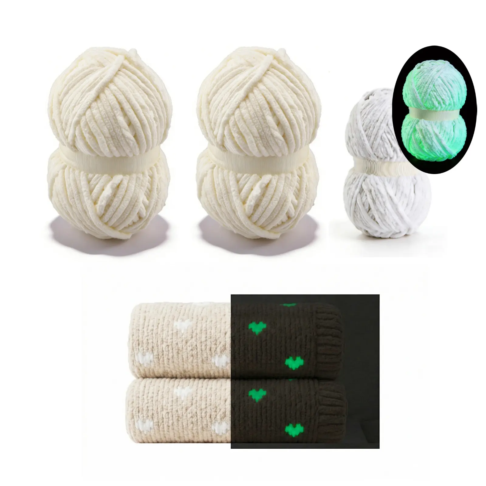 Glow in the Dark Chunky Yarn Bundle, Super Bulky Chenille Blanket Yarn for Crocheting, 3 Skeins (2 Solid Colors + 1 Glow Yarn) Soft Plush Velvet Yarn for Knitting Creations, Cream