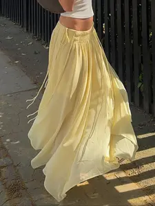 Women High Waist Maxi Skirt, Bottom, Elastic Waist Light Yellow Lightweight Flowing Woven Chiffon Boho Summer Skirt Soft Touch Breathable Fabric Casual Beachwear Breezy Holiday Look Korean Style Fairycore French Chic Spring Summer Essentials