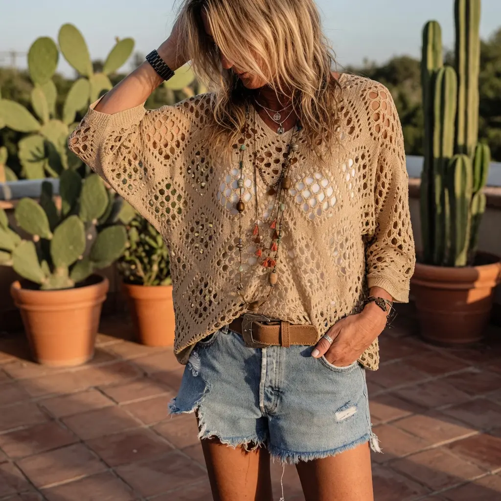 100% Cotton Crochet Knit Top, Breathable Hollow-out Beach Cover-up, Oversized Boho Style Summer Blouse Summer Mesh Crochet Pullover, Airy Cotton Knit Cover Up, Lightweight Boho Beach Wear for Women