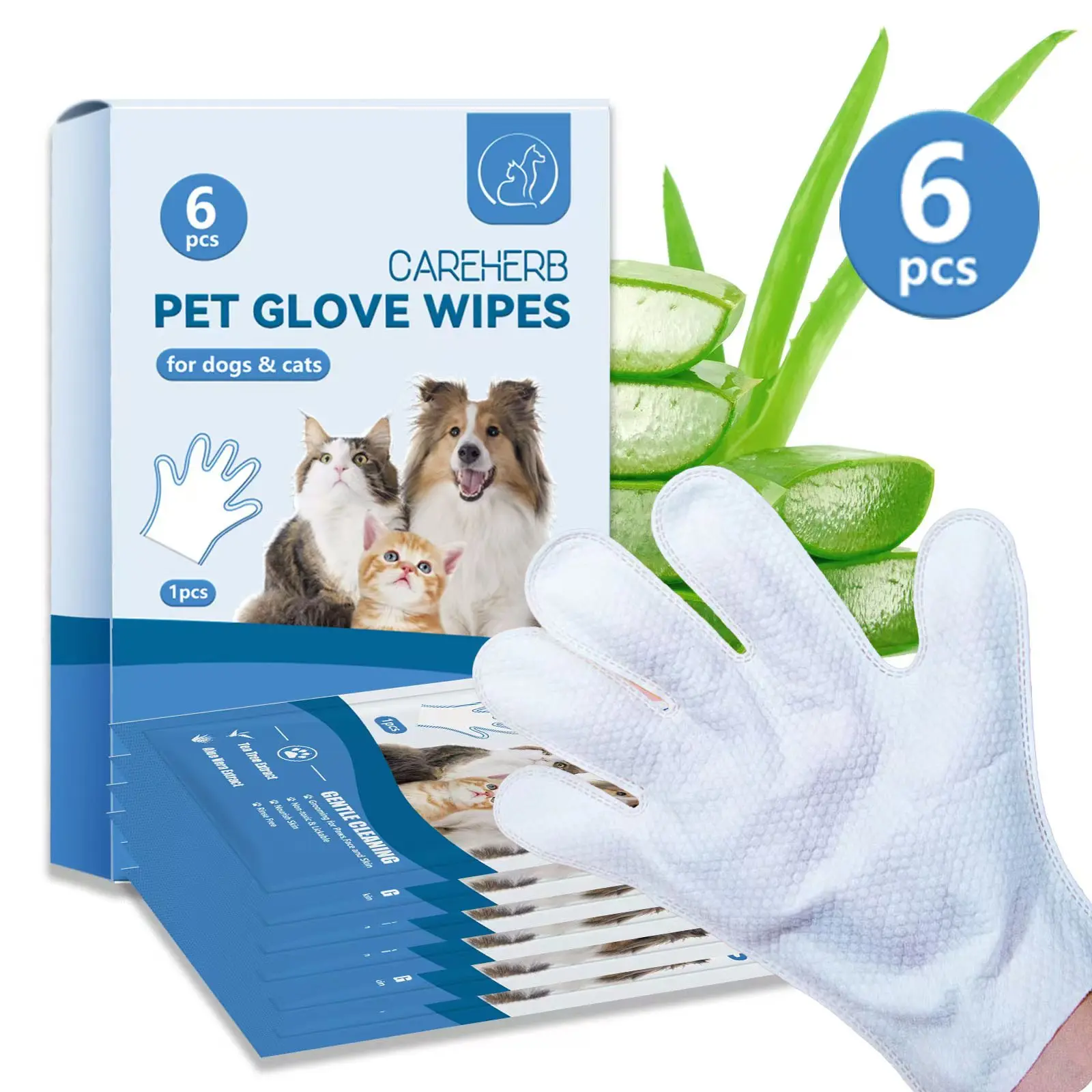 Careherb 6 Pcs Pet Cleaning and Deodorizing Bathing Grooming Glove Wipes for Dogs and Cats, Extra Thick Nourish Fur No-Rinse Grooming Wipes for Daily Care and Travel, Hypoallergenic, 6 pcs, 2 pcs Paw Kitten