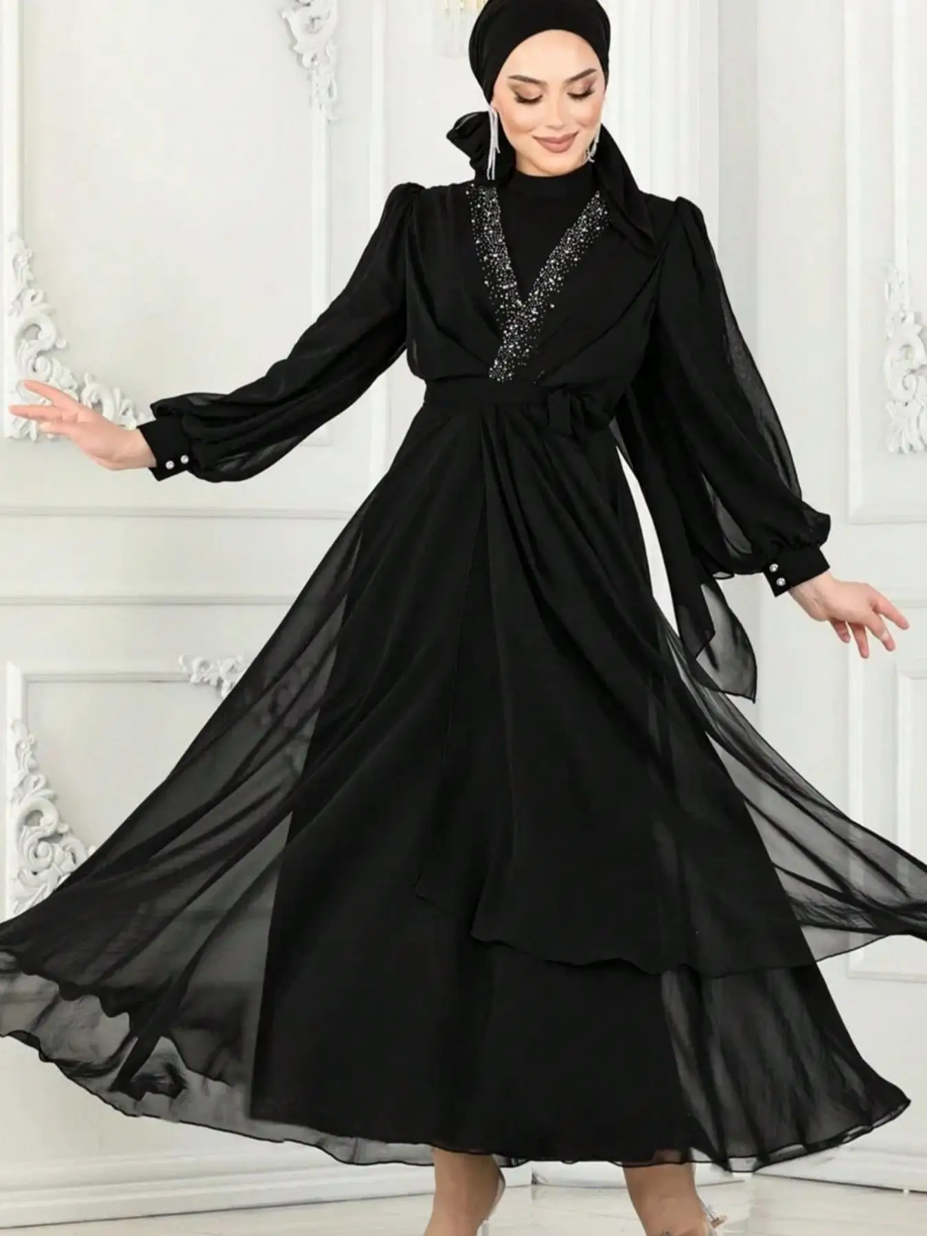 Women's Glitter Rhinestones Decor Dresses, Elegant Fashion Casual Long Sleeve Dress for Daily Outdoor Wear, Muslim Clothing for All Seasons