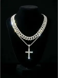 2PCS Cross Pendant Necklace Set for Men, Iced Out Cuban Link Chain & Layered Necklace, Hip Hop Fashion Jewelry